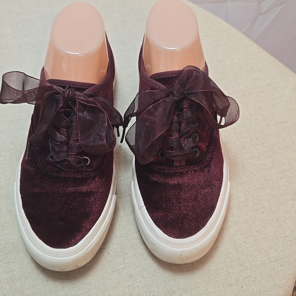 J crews burgundy velvet sneakers ,size 7.5 SeaVees
